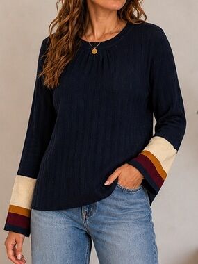Cliche Navy Ribbed Knit Sweater Colorblock Bell Sleeve Striped Cuff XL